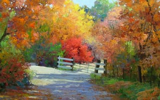 Картинка осень, ворота, забор, деревья, дорога