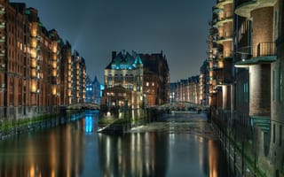 Картинка ночь, Шпайхерштадт, огни, мосты, Гамбург, канал, Speicherstadt