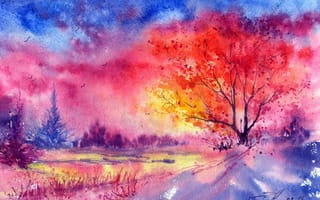 Картинка нарисованный пейзаж, птицы, закат, деревья, зима