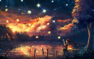 Картинка девочка, звезды, ночь, озеро, небо