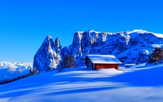 Картинка снег, деревья, дом, горы, домик, зима, небо