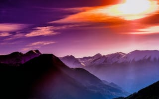 Картинка horizon, winter, sunset, violet, mountains, mountainline, sky