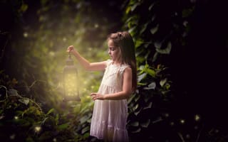 Обои лес, девочка, светлячки, фонарь, природа