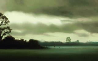 Картинка картина, фигурки, поле, тучи, двое, серые, деревья, арт, небо, John Waterhouse, пейзаж, туман