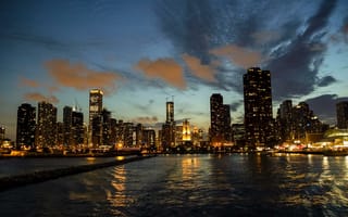 Картинка Иллиноис, Чикаго, огни, река, город, небоскребы, ночь