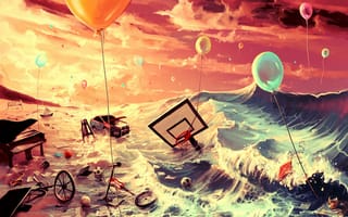 Картинка машина, воздушные шары, фантазия, арт, колеса, воздушный змей, пианино, мячи, море, тетради
