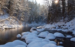 Картинка река, снег, зима, камни, лес, небо, деревья, закат