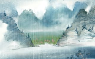 Картинка арт, нарисованный пейзаж, дождь, река, горы