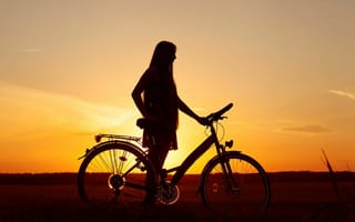 Картинка настроения, девушка, велосипед, силуэт, поле, закат, отдых, небо