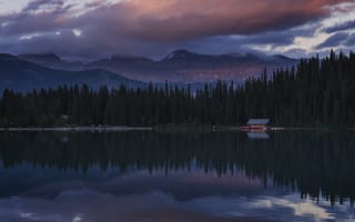 Картинка Lake Louise, CA, Alberta, лес, озеро, закат