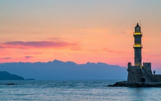 Картинка Chania Lighthouse, пейзаж, Crete, море, закат