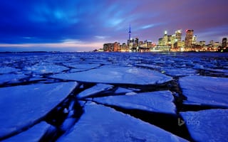 Картинка Toronto, Ontario, Канада, облака, небо, лед, гавань, огни, пейзаж, ночь, дома