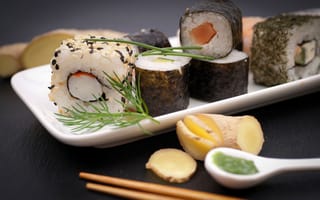 Картинка японская кухня, зелень, палочки, имбирь, sticks, суши, Japanese cuisine, sushi, parsley, rolls, ginger, dill, роллы, укроп
