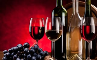 Картинка бутылки, напиток, вино, грецкий орех, бокалы, скорлупа, полумрак, гроздь, белое, красное, виноград