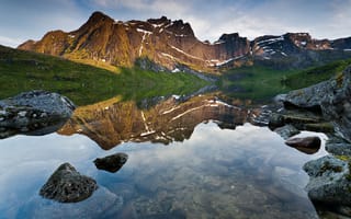 Картинка Reflection, пейзаж, отражение, камни, природа, озеро, горы