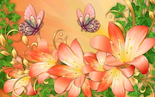 Картинка цветы, листья, бабочка, лилии, вектор, мотылек, рисунок, лепестки