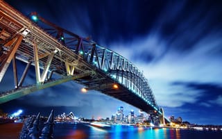 Картинка Sydney, вечер, звезды, город, мост, облака, Australia, огни, небо