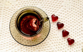 Картинка чай, сердце, заварник, чашка, сердечки, скатерть, напиток