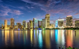 Картинка Miami, огни, Florida, город, океан, Флорида, закат, США, вечер, Майами, небоскребы, подсветка, здания, USA