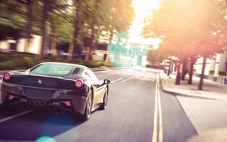 Картинка Ferrari, 458, блики, улица, Jun Dang, солнце, Black, чёрная, феррари, rear, Italia