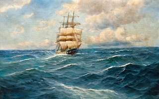 Обои Alfred Jansen, картина, небо, пейзаж, корабль, паруса, море