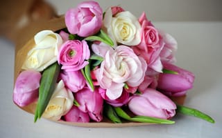 Картинка цветы, лютики, розовые, тюльпаны, букет