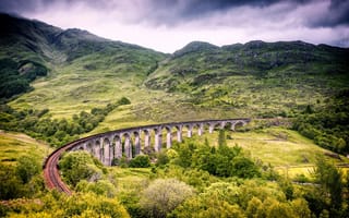 Картинка Glenfinnan, природа, United Kingdom, Гленфиннан, Scotland, Шотландия, виадук, пейзаж, деревья, мост, зелень, Соединённое Королевство