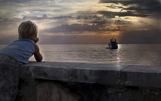 Картинка малчик, настроение, закат, море, корабль