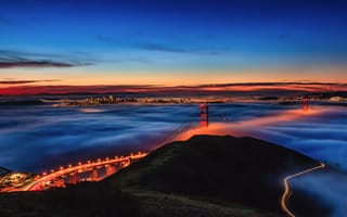 Картинка небо, залив, туман, мост