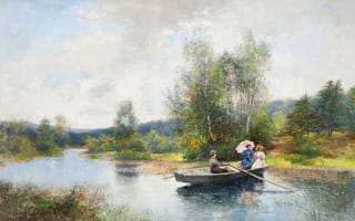 Картинка Severin Nilson, Roddtur i grönskande landskap, зонтик, река, пейзаж, лодка, девушки