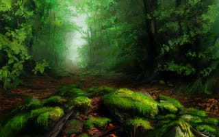 Картинка нарисованный пейзаж, лес, мох, зелень, деревья