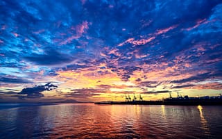 Картинка закат, море, порт, свет, блеск