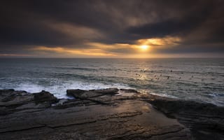 Картинка pelicans, bonny doon, sunset, california