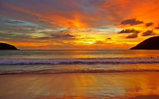 Картинка Тайланд, берег, вечер, солнце, блики, золотой, небо, волна, пейзаж, пена, вода, закат, океан