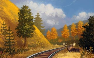 Картинка лось, железная дорога, рога, арт, природа, лес