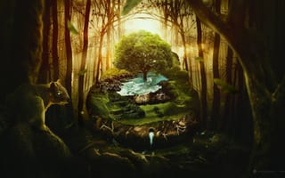 Картинка desktopography, вода, креатив, лес, дерево, белка