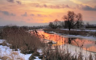 Картинка закат, река, снег