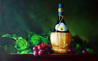 Картинка бутылка, листья, виноград