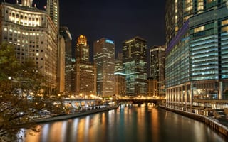 Картинка Чикаго, небоскребы, огни, река, город, ночь, отражение, Иллиноис