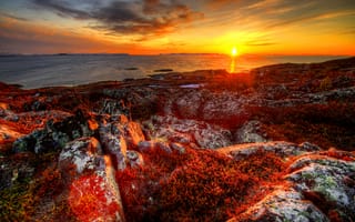 Картинка норвегия, море, камни, закат, берег, небо, солнце