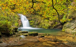 Картинка осень, водопад, лес, река