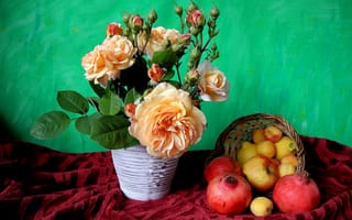 Картинка натюрморт, абрикос, лимон, роза, корзинка, фрукты, гранат, цветок, яблоко, куст