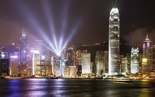 Картинка Китай, дома, река, ночные огни, Гонконг ночь