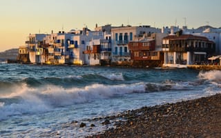 Картинка Греция, побережье, Mykonos, волны, прибой, море, город