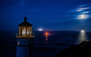 Картинка ночь, маяк, огни, луна, небо, море