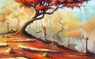 Картинка арт, качели, девушка, нарисованный пейзаж, деревья, фонари