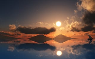 Картинка парусник, солнце, облака, море, горы
