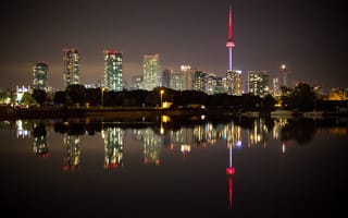 Обои Торонто, небо, дома, вода, ночь, Канада, огни, отражение