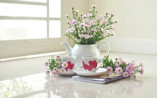 Картинка блокнот, чайный сервиз, цветы