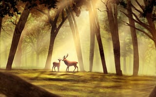 Картинка арт, лес, солнечные лучи, косуля, олень, деревья, рога